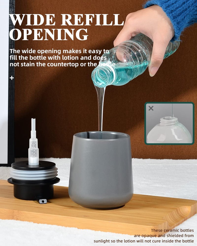 BosilunLife Grey Lotion Dispenser - Modern Ceramic Soap Dispenser Bathroom 12 oz Bottles Lotion Hand Pump Dispenser Black Pump Dish Liquid Dispenser for Kitchen Hand Wash Dispenser - Image 3